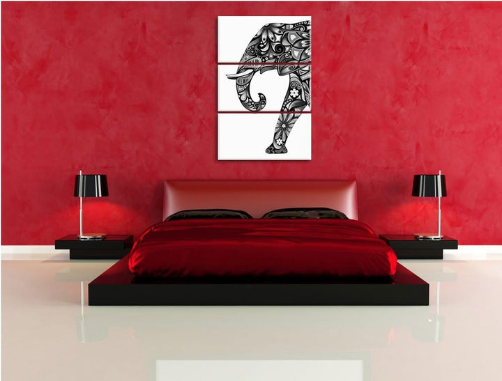 Pixxprint Monocrome, Elefant mit Ornamenten 3-Teiler Leinwandbild 120x80 Bild auf Leinwand