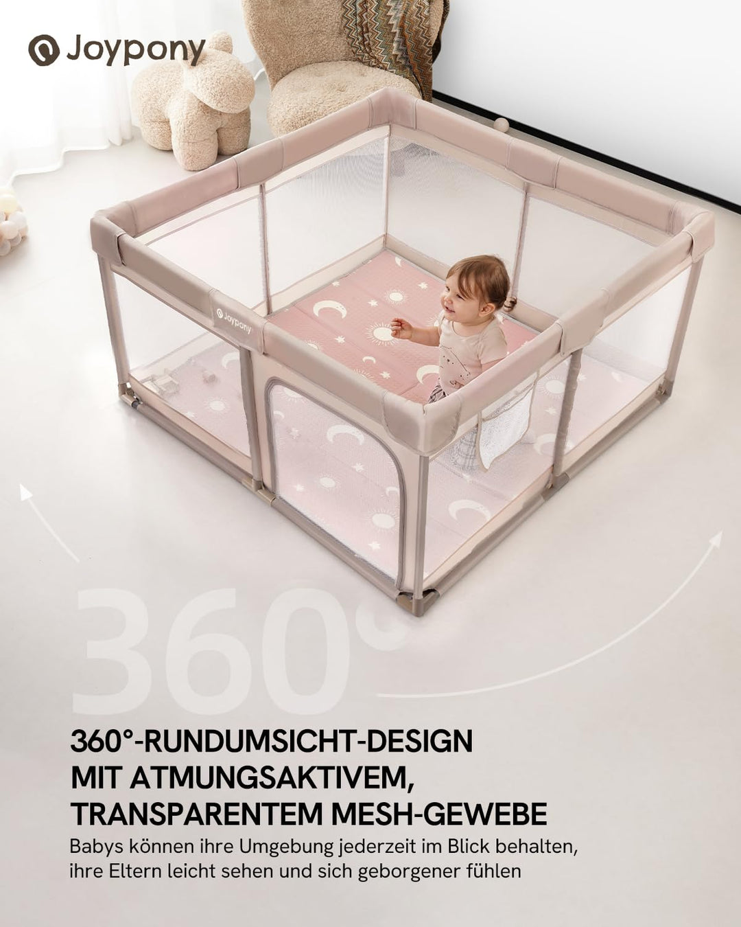 Joypony Baby Laufstall 127 x 127 cm mit Matte, Laufgitter Baby mit atmungsaktivem 360° Netz, rutschf