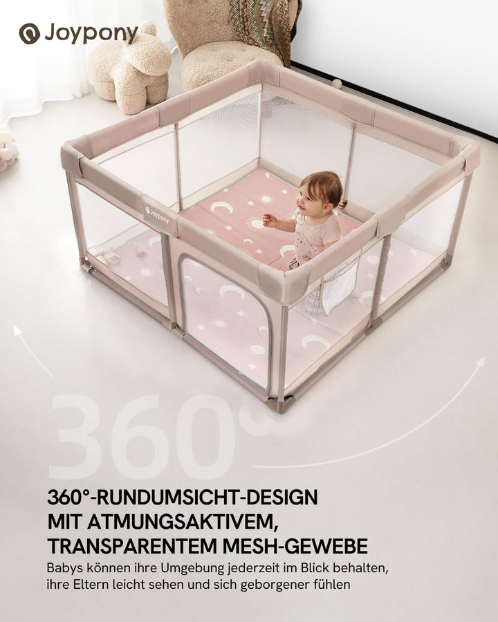 Joypony Baby Laufstall 127 x 127 cm mit Matte, Laufgitter Baby mit atmungsaktivem 360° Netz, rutschf