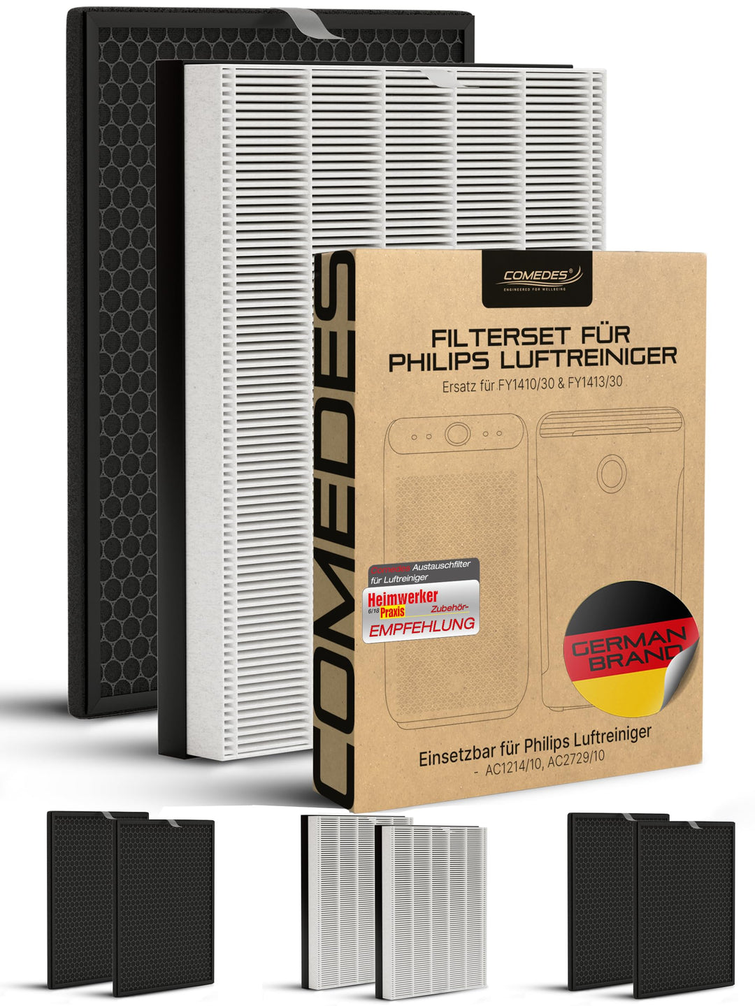 Comedes Raucher-Filter für Philips Luftreiniger [AC1214, AC2729 & Serie 1000] - 2 HEPA & 4 Aktivkohl