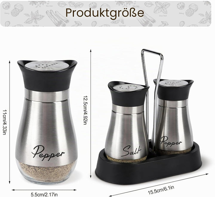 Salz und Pfefferstreuer Set, Salz und Pfefferstreuer Set mit Halter, 8 Stück Edelstahl und Glasflasc
