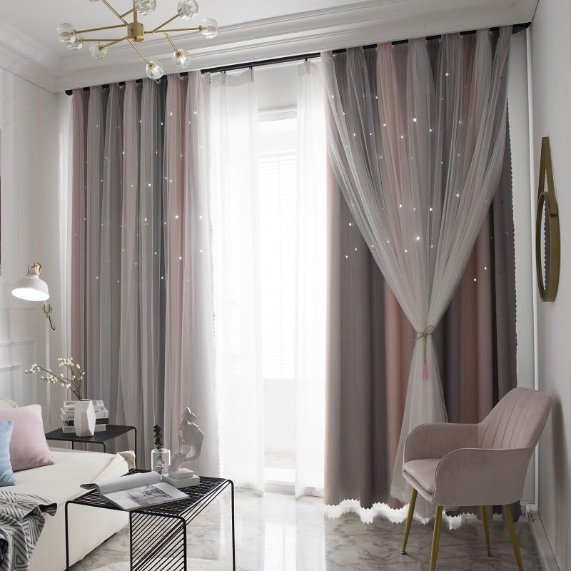 Freyamy Gardinen Rosa Grau Glänzend Sterne Vorhänge Blickdicht Kinderzimmer Halbtransparent H 130 X
