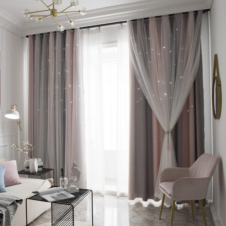 Freyamy Gardinen Rosa Grau Glänzend Sterne Vorhänge Blickdicht Kinderzimmer Halbtransparent H 250 X