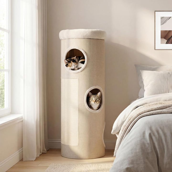 GYMAX 3-stöckige Kratztonne,Katzentonne mit gepolsterter Aussichtsplattform, 2 Sisal Kratzbretter &
