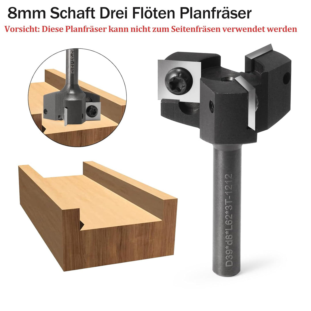 Planfräser 8mm Schaft 3 Flöten mit Austauschbaren Hartmetallmessern(12x12x1.5mm, 35°) für Holz Durch