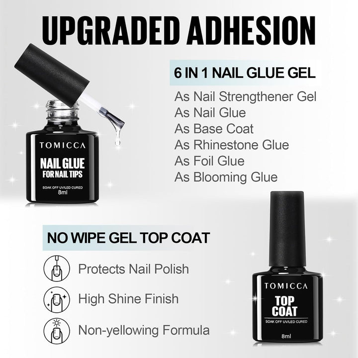 TOMICCA Nail Tips and Glue Gel Kit, Nail Extension Set Top Coat und 6 in 1 nagelkleber für kunstnäge