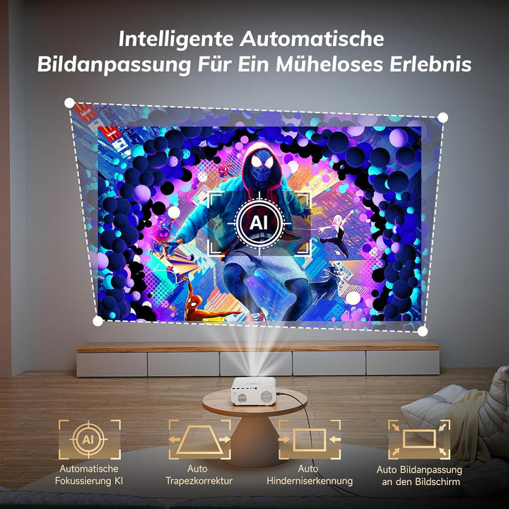 Smart Beamer 4K【Offiziell lizenzierte App】 Autofokus & Auto Keystone Mini Projektor,WiFi6 Bluetooth5