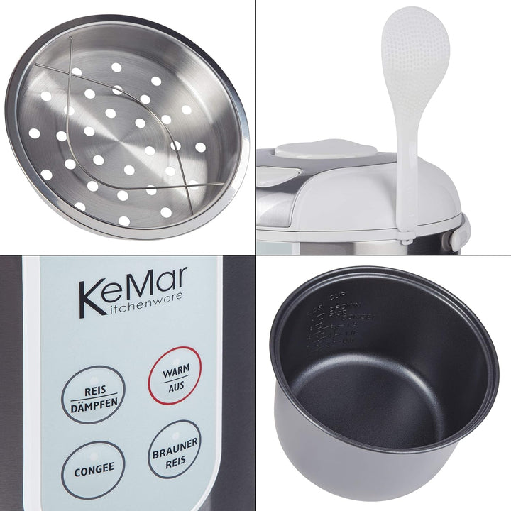 KeMar Reiskocher +GRATIS Essstäbchen (700W, 1,8l, Edelstahl) Brauner Reis, Naturreis - Keramik Besch