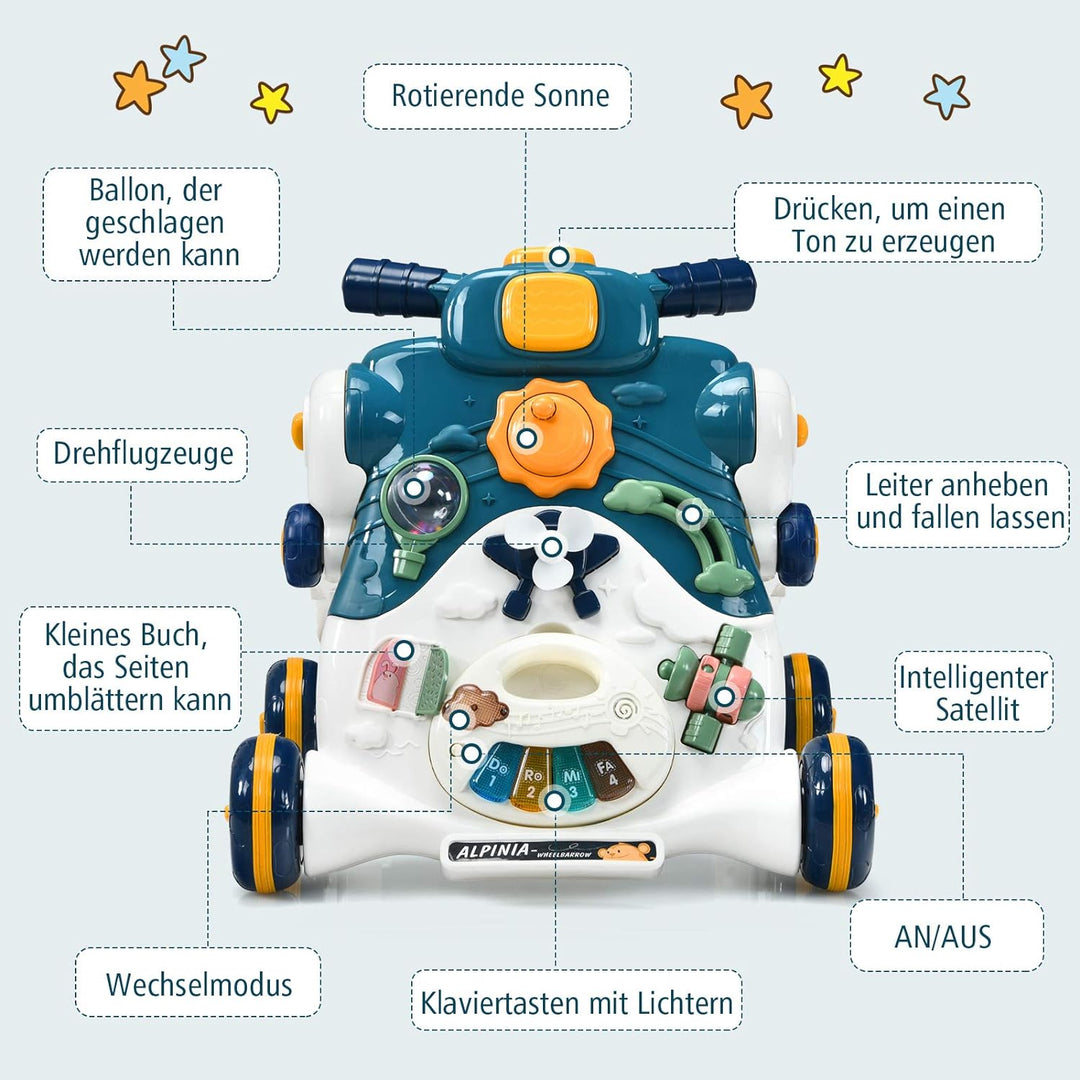 COSTWAY 3 in 1 Lauflernwagen mit Lichtern und Musik, Lauflernhilfe & Rutschauto & Spielbrett, Baby W