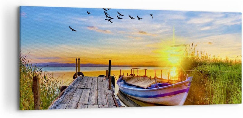 Wandbilder Dekoration Wohnzimmer See Boot Wasser Panorama Bilder auf Leinwand 120x50cm Leinwandbild