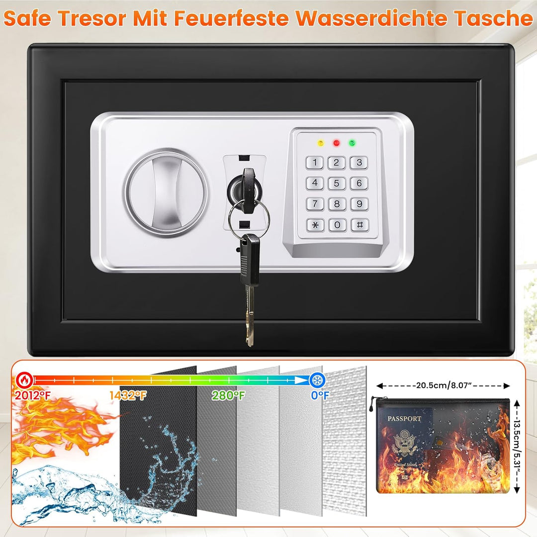Safe Tresor für Zuhause mit Feuerfester Tasche, 12.4L Digitaler Tresor Klein mit USB-C-Anschluss, Al
