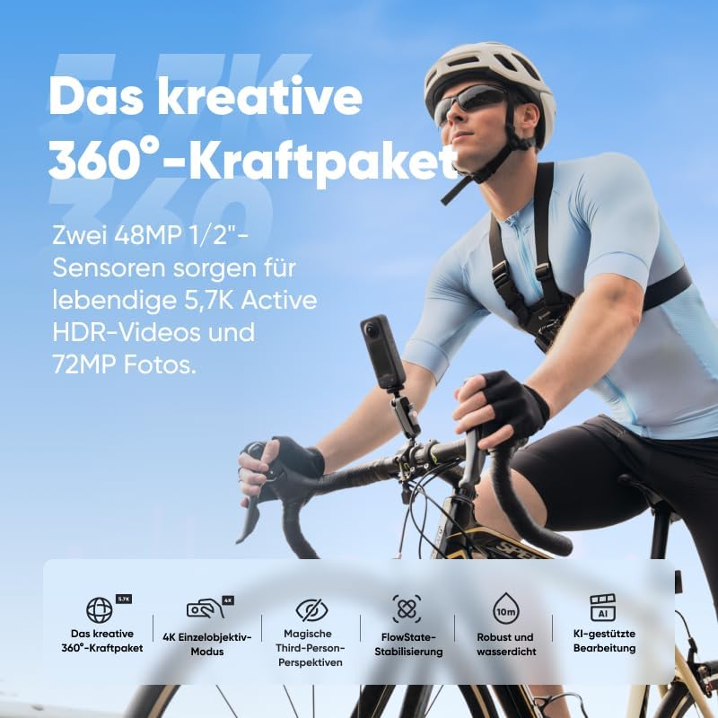 Insta360 X3 Fahrrad-Kit - wasserdichte 360°-Actionkamera mit 1/2"-Sensor, 5,7K 360°, 72MP 360°-Fotos