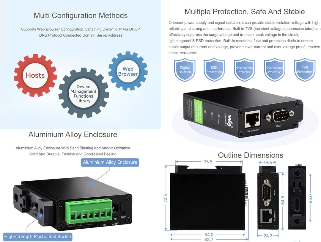 Waveshare RS232/RS485/RS422 to RJ45 Ethernet Converter Module, Industrial Rail-Mount Isolated Serial