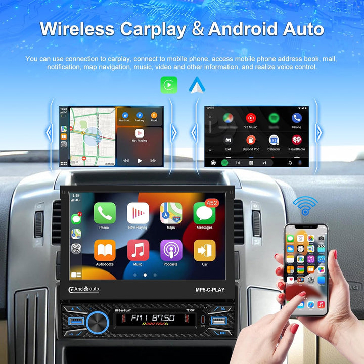 Hikity 1 Din Autoradio Wireless Carplay, 7 Zoll Bildschirm Touchscreen Motorisiertes Teleskop Displa