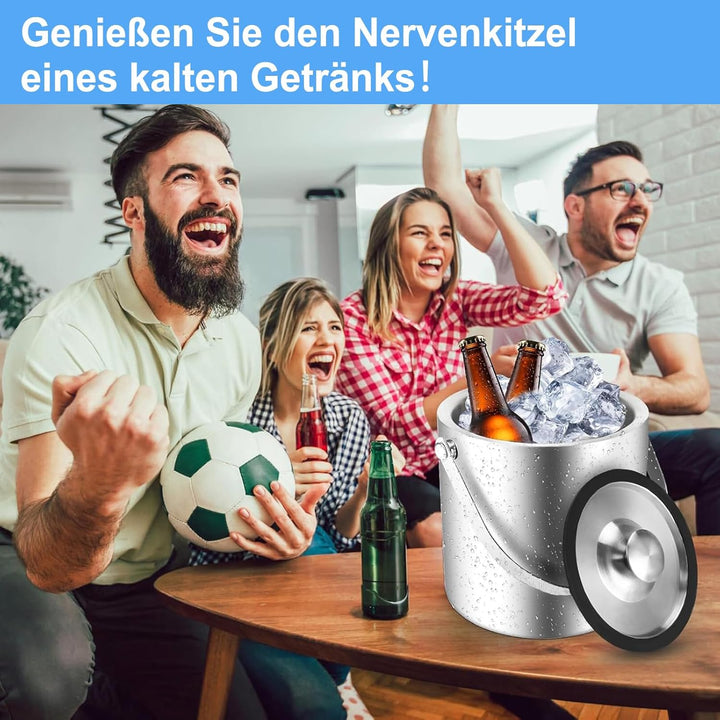 Eiswürfelbehälter, Eisbehälter rund mit Sieb und Eiszange, 2L Eiswürfelbehälte, Edelstahl Eisbehälte