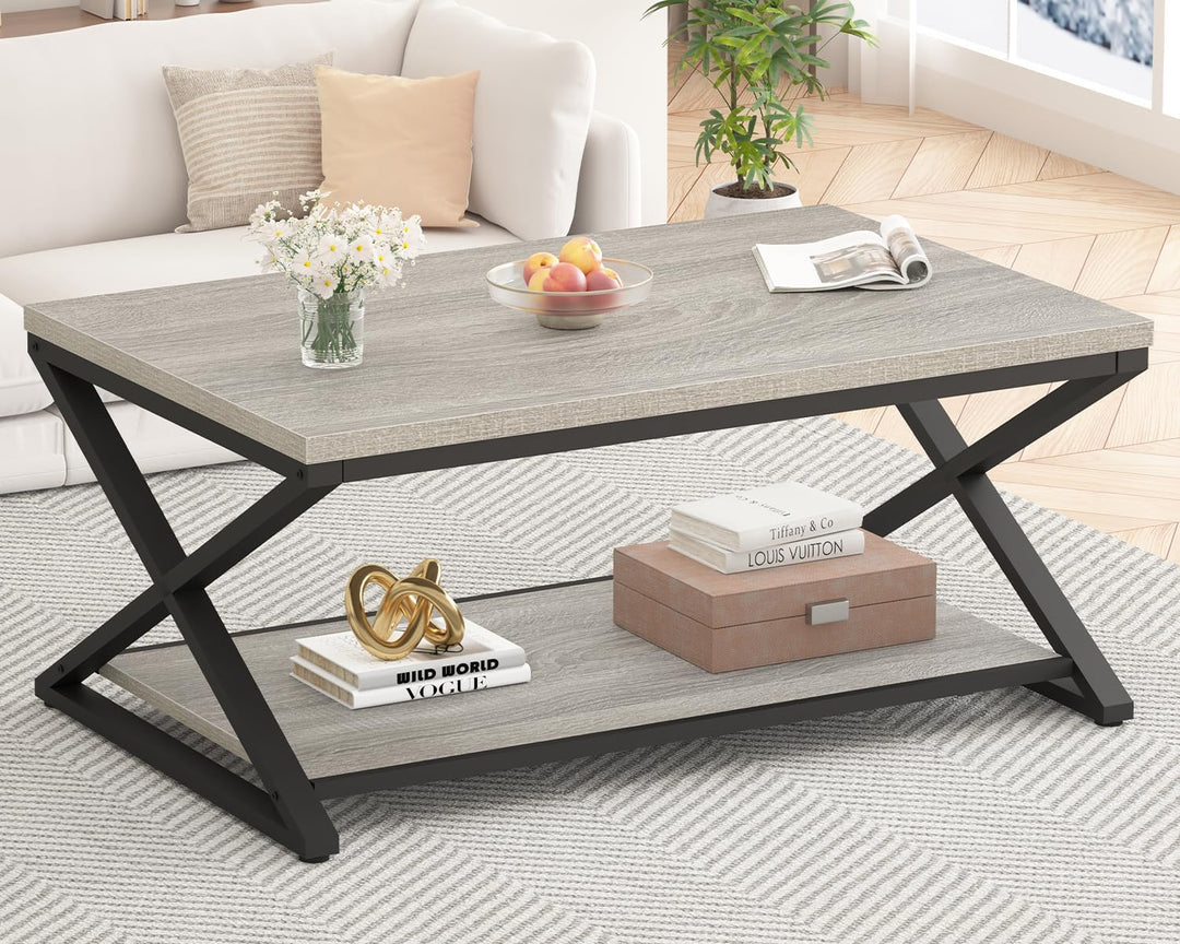 HSH Grau Couchtisch mit Ablage, industrieller Metall-Holz-Wohnzimmertisch, Bauernhaus, 120 cm minima