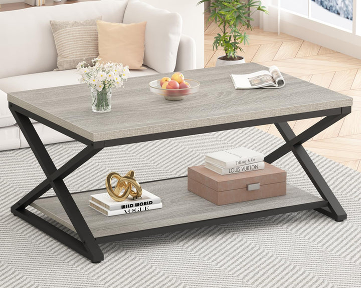 HSH Grau Couchtisch mit Ablage, industrieller Metall-Holz-Wohnzimmertisch, Bauernhaus, 120 cm minima