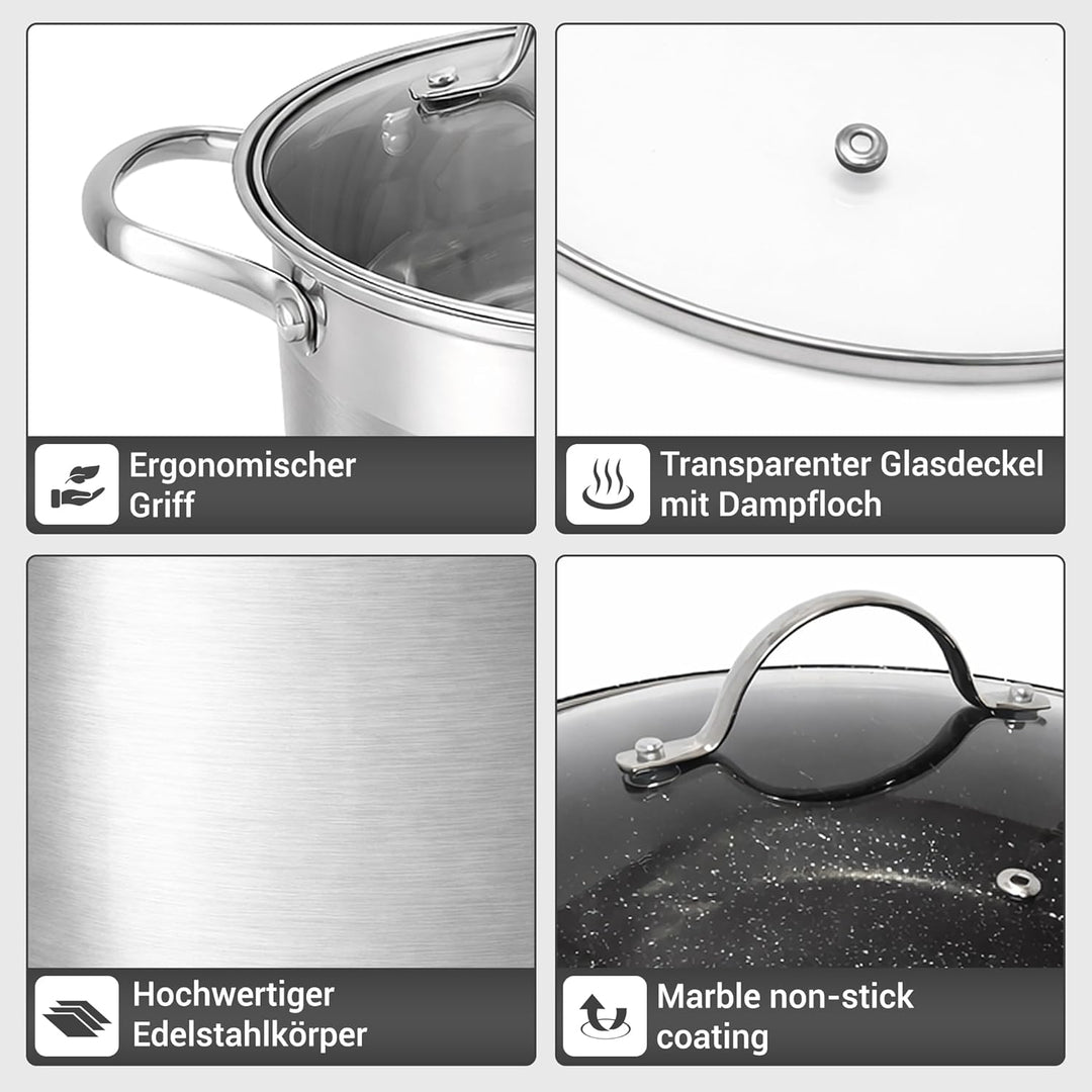 Edelstahl Kochtopf Set 12-teilig mit Glasdeckel – Induktionsgeeignetes Topfset – Spülmaschinenfest &