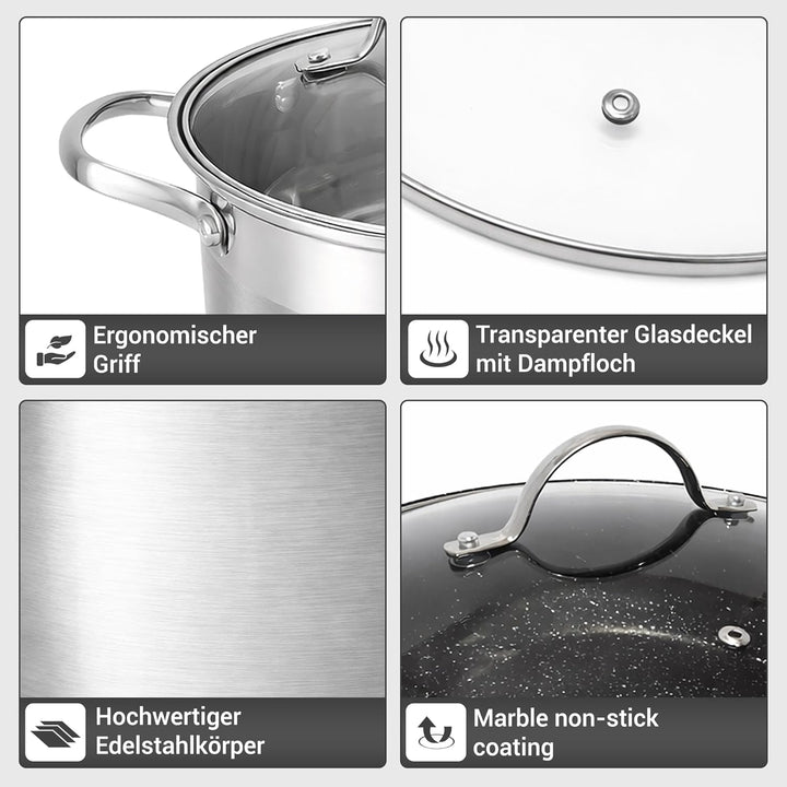 Edelstahl Kochtopf Set 12-teilig mit Glasdeckel – Induktionsgeeignetes Topfset – Spülmaschinenfest &