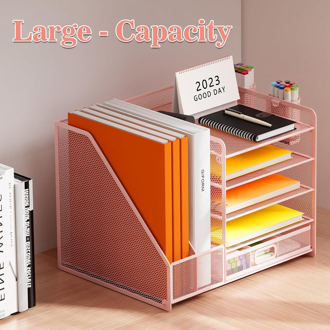 Schreibtisch Organizer mit Aktenhalter, 5-stufiger Papier Organizer mit Schublade und 2 Stifthaltern