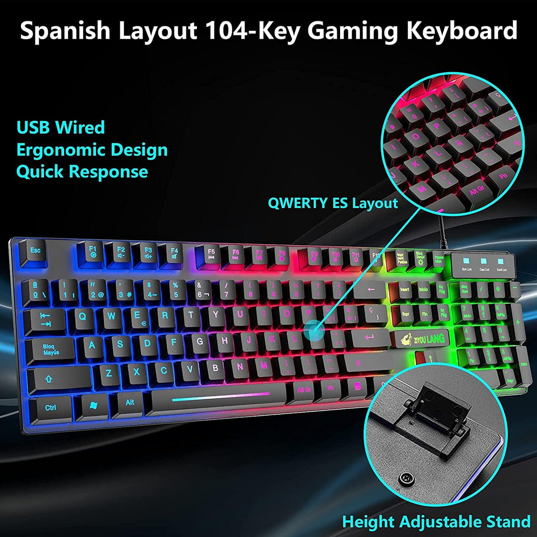 ZIYOU LANG T13 Gaming-Tastatur und Maus-Set [Spanisches QWERTY-Layout], 104 Tasten mit Rainbow LED B