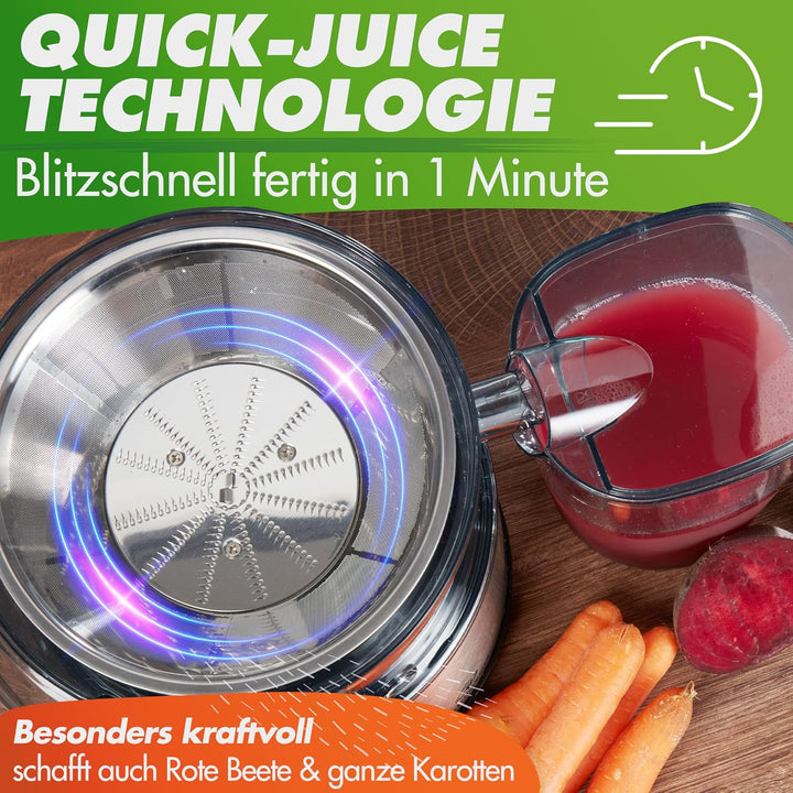Nutrilovers QUICK-JUICER MAX Entsafter Obst und Gemüse, XXL Einwurf, Edelstahlsieb, Externer Trester