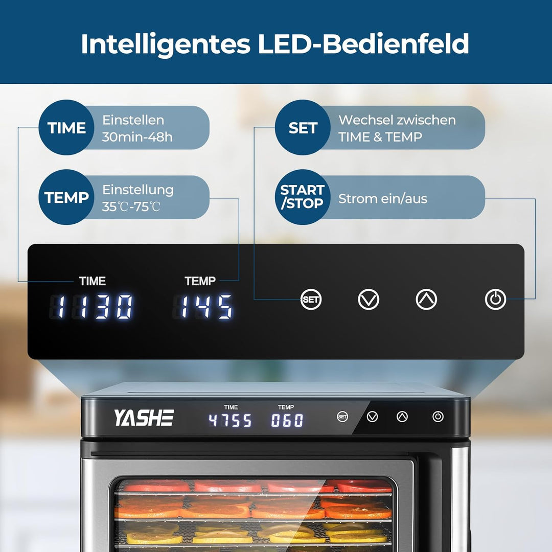 Edelstahl Dörrautomat, 1000W Dörrgerät für Obst und Gemüse mit LED-Anzeige, präziser Temperaturregel