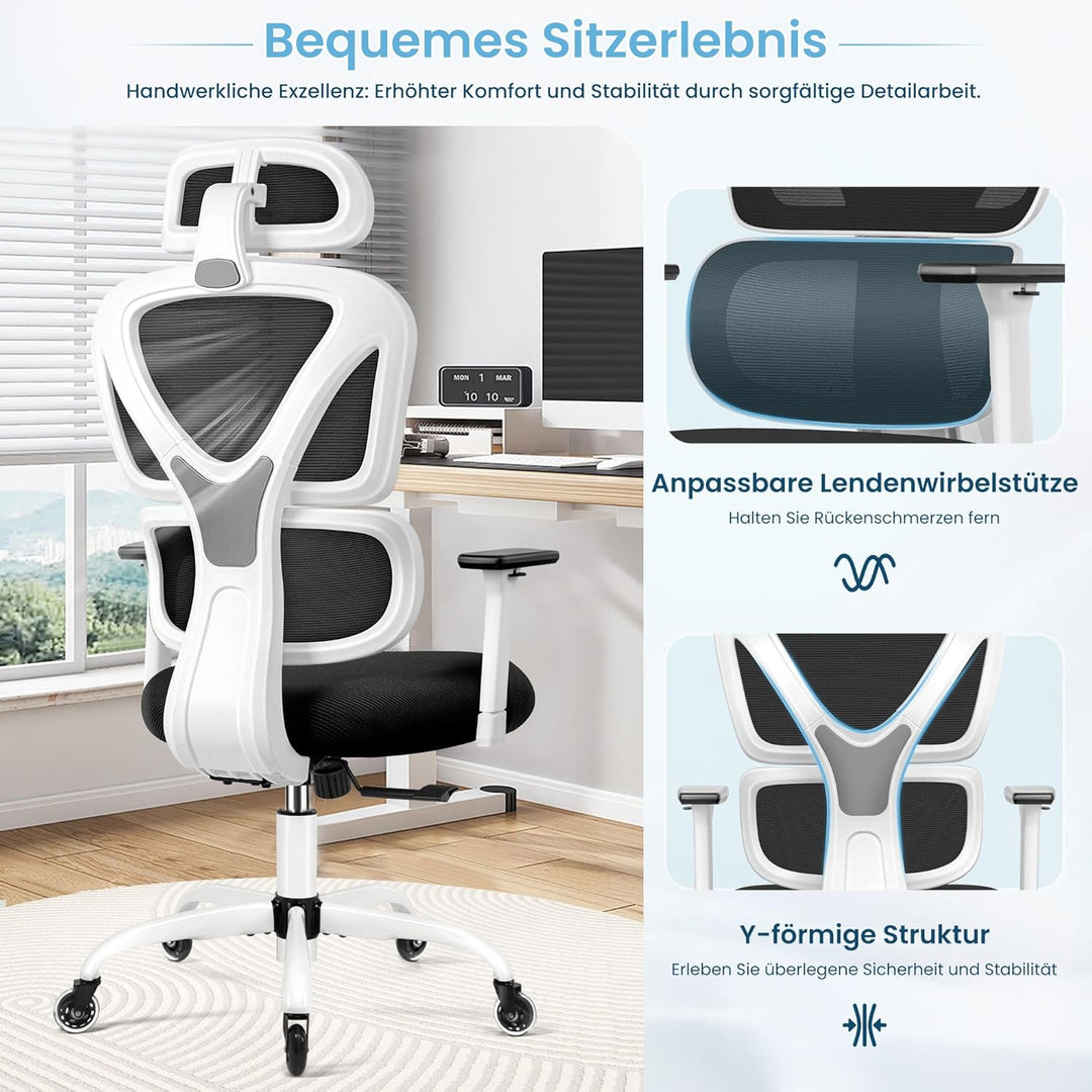 KERDOM Bürostuhl Ergonomischer Schreibtischstuhl,mit Verstellbarer Kopfstütze, Armlehnen, Lendenwirb