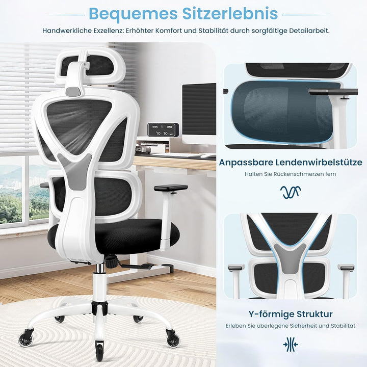 KERDOM Bürostuhl Ergonomischer Schreibtischstuhl,mit Verstellbarer Kopfstütze, Armlehnen, Lendenwirb