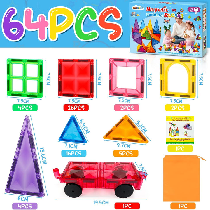 Magnetische Bausteine 60 Teile, Magnetbausteine Kinder Bauspielzeug Mit 1 Autos, Magnetic Tiles Lehr