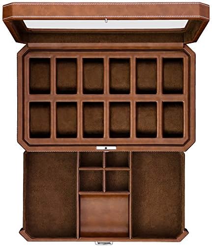 ROTHWELL 12-Fach-Leder-Uhrenbox mit Valet-Schublade – 12-Fach-Luxus-Uhrenetui, Display-Organizer, Mi