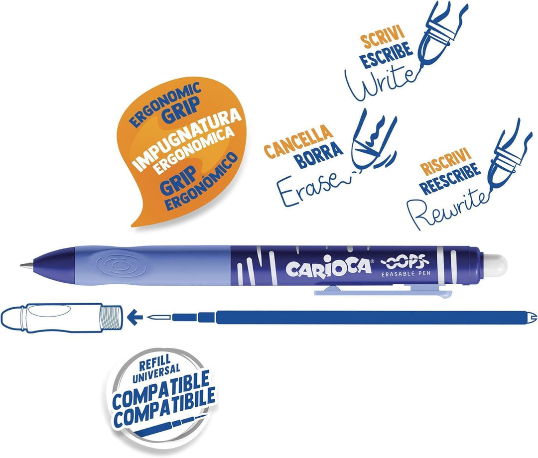 CARIOCA Oops Retractable | Radierbarer Kugelschreiber, Wiederauffüllbares Stifte-Set für Schule und