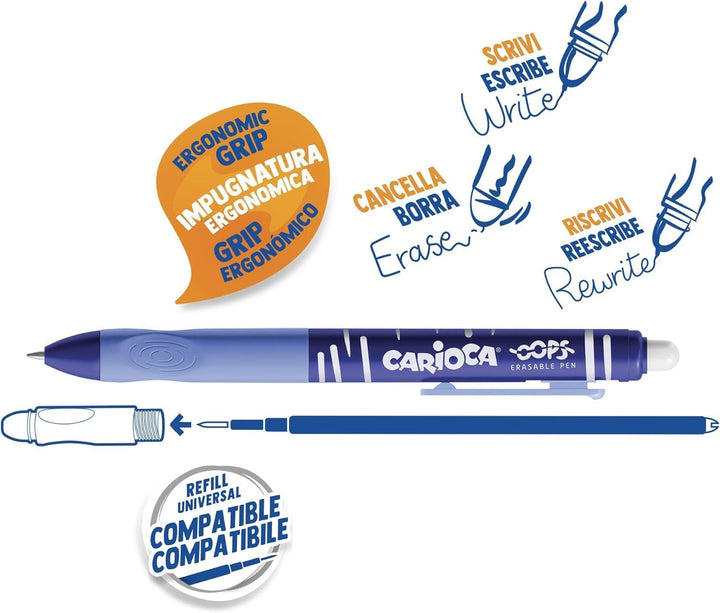 CARIOCA Oops Retractable | Radierbarer Kugelschreiber, Wiederauffüllbares Stifte-Set für Schule und