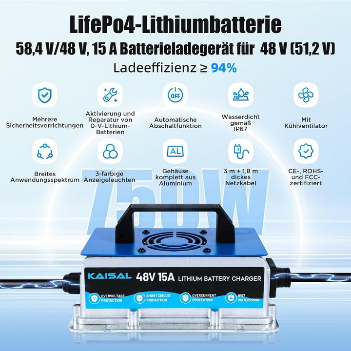 KAISAL 58,4V 15A LiFePO4 Lithium Batterieladegerät, 48V LiFePO4 Ladegerät für 51,2V LiFePO4 Batterie