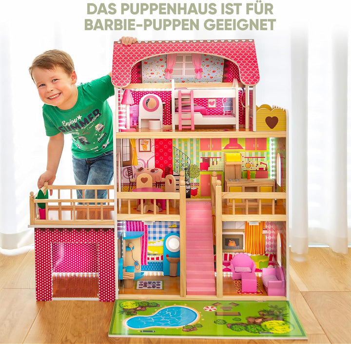 Kinderplay Puppenhaus Holz Gross, Puppenvilla, Puppenhaus Holz Gross komplett - Barbie Traumvilla, B