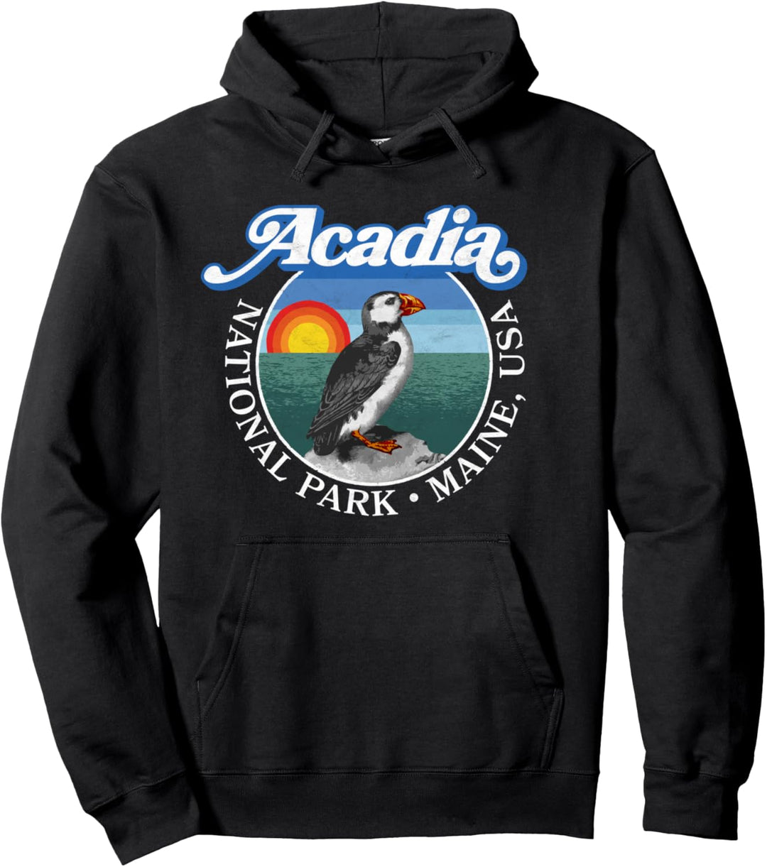 Retro Acadia National Park Vintage Maine Puffin Pullover Hoodie