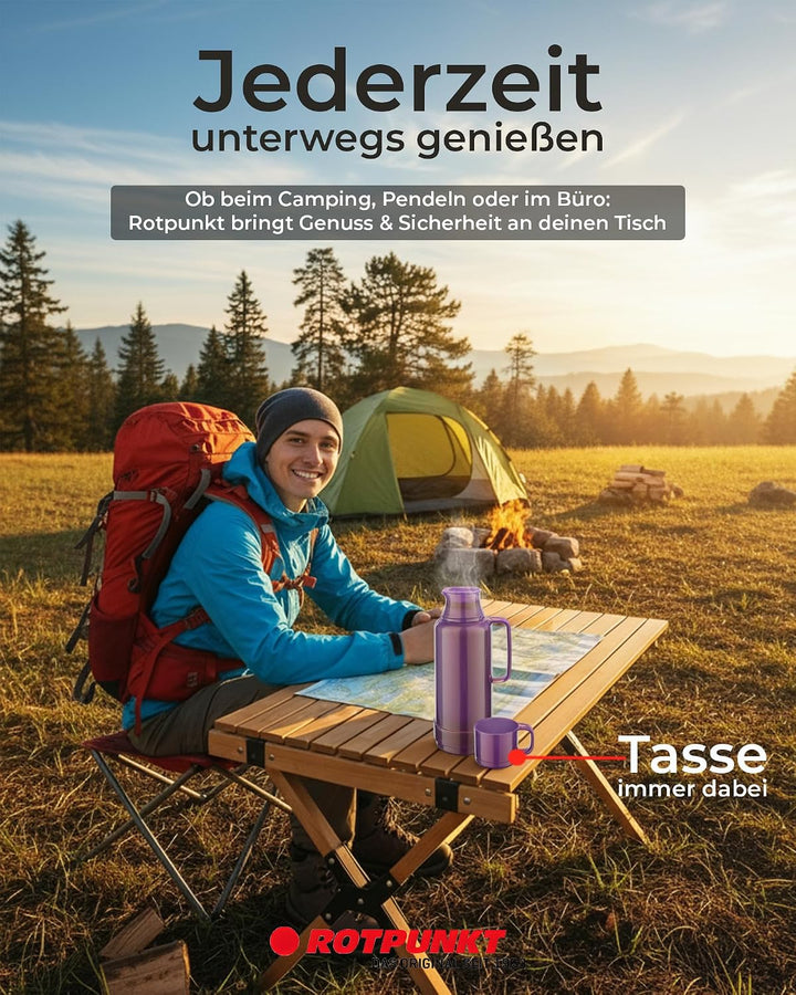 ROTPUNKT Isolierflasche 1 Liter mit integriertem Becher - Hochwertige Isolierkanne Made in Germany I