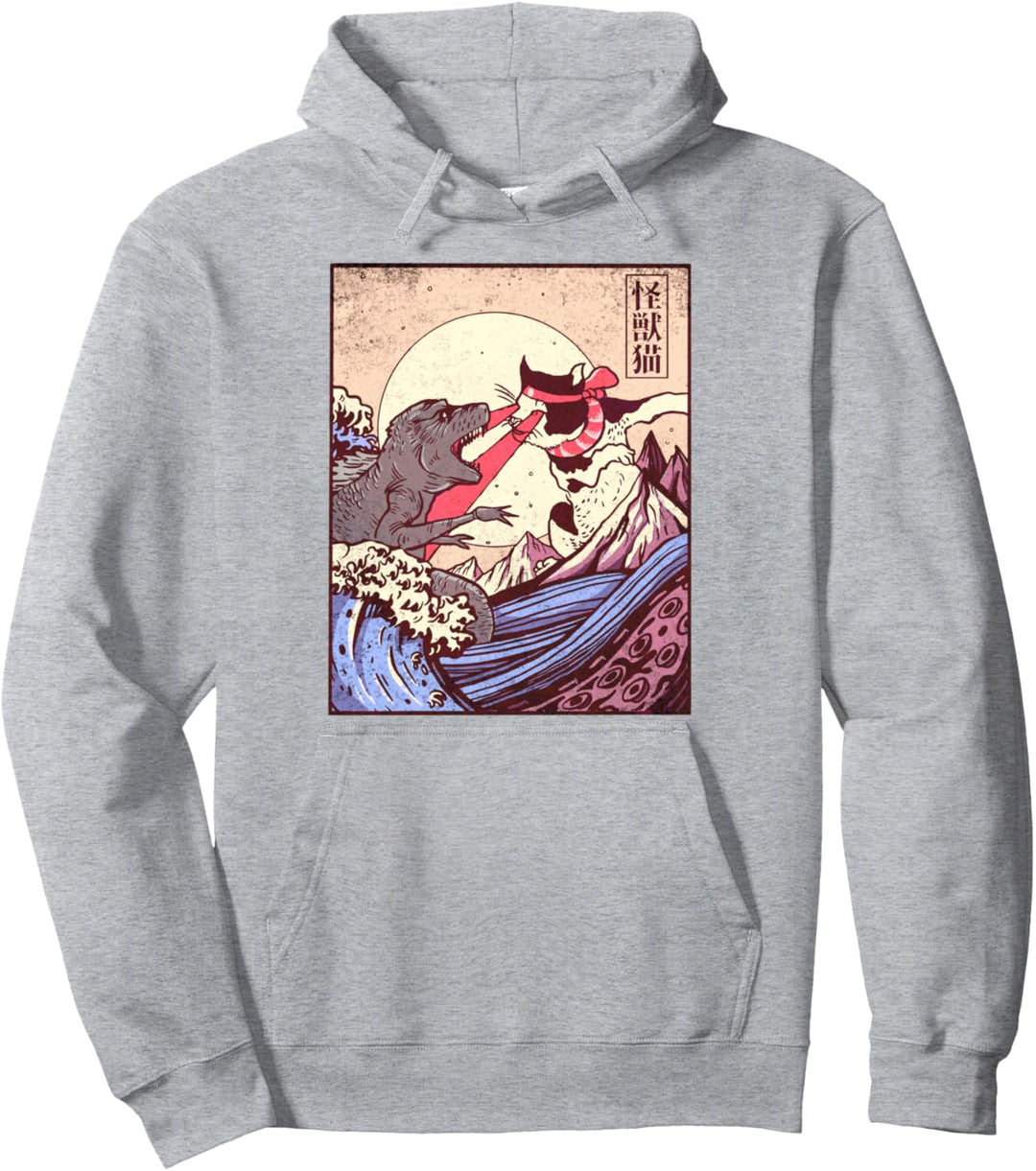 Vintage Retro Japanese Great Wave Cat Vs Monster Otaku Manga Pullover Hoodie
