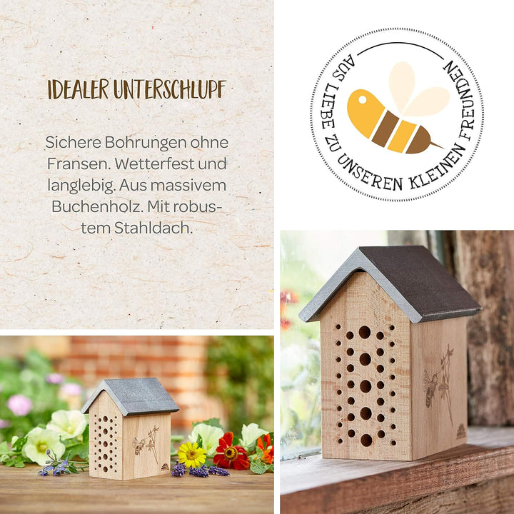 Die Stadtgärtner – Bienchenhotel aus Buchenholz I Wetterfestes Insektenhotel für Bienen I Naturholz-