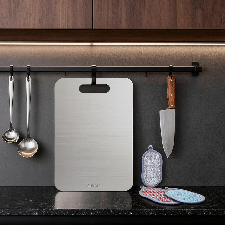 3 Stück Titan Schneidebrett Set, Upgrade S316 Schneidebrett Edelstahl mit Schwamm, Doppelseitiges L