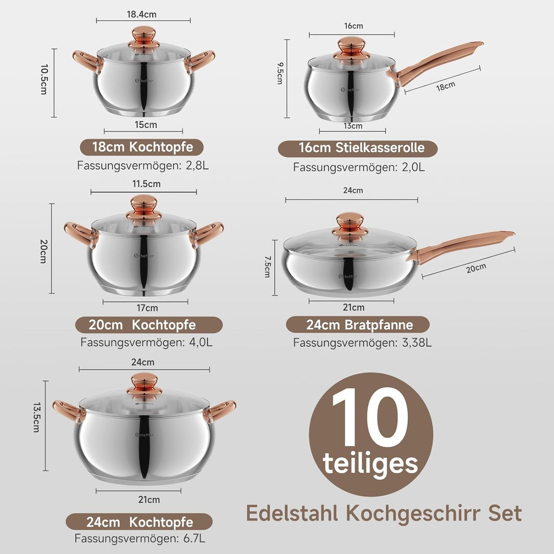 Topfset Scheffler 10tlg Induktions Töpfe Set, Edelstahl-Kochtopfset mit Deckel, Für alle Herdarten g