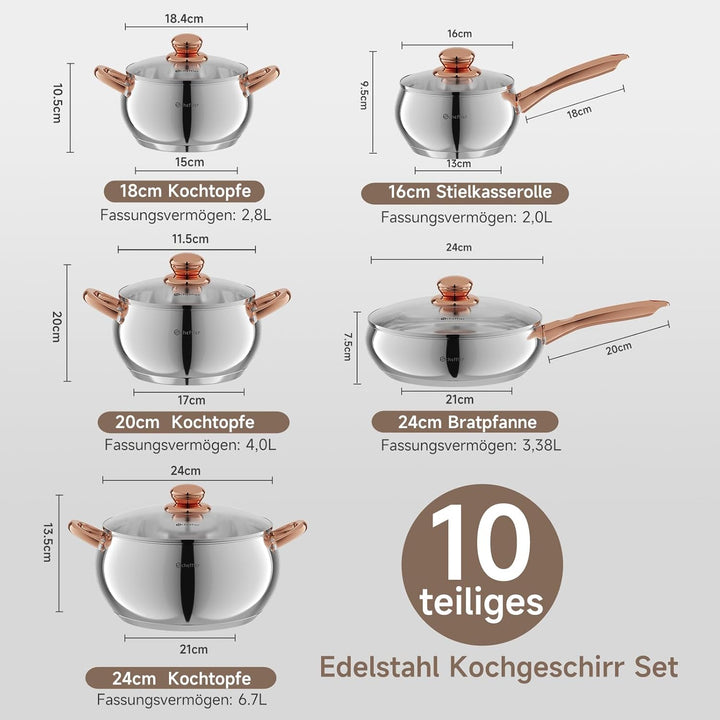 Topfset Scheffler 10tlg Induktions Töpfe Set, Edelstahl-Kochtopfset mit Deckel, Für alle Herdarten g
