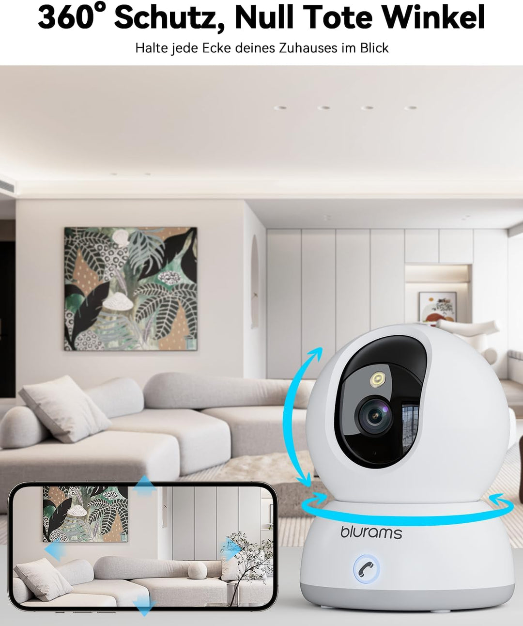 blurams 2K Überwachungskamera Innen, 360° WLAN Kamera,2.4G/5G, Bewegungsverfolgung Nachtsicht Hausti