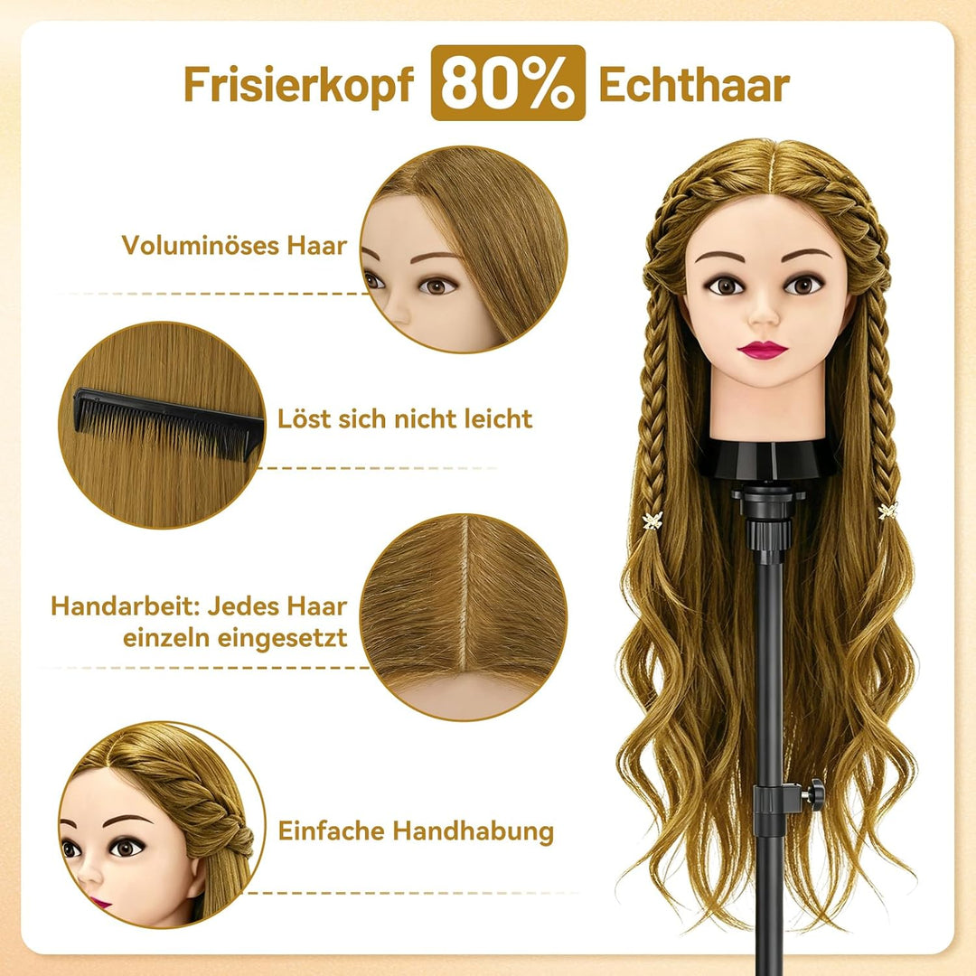 TwoWin Frisierkopf 80% Echthaar, Übungskopf 24 Zoll /60cm Friseurkopf, Trainingskopf für Friseure fü