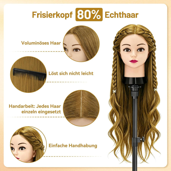 TwoWin Frisierkopf 80% Echthaar, Übungskopf 24 Zoll /60cm Friseurkopf, Trainingskopf für Friseure fü