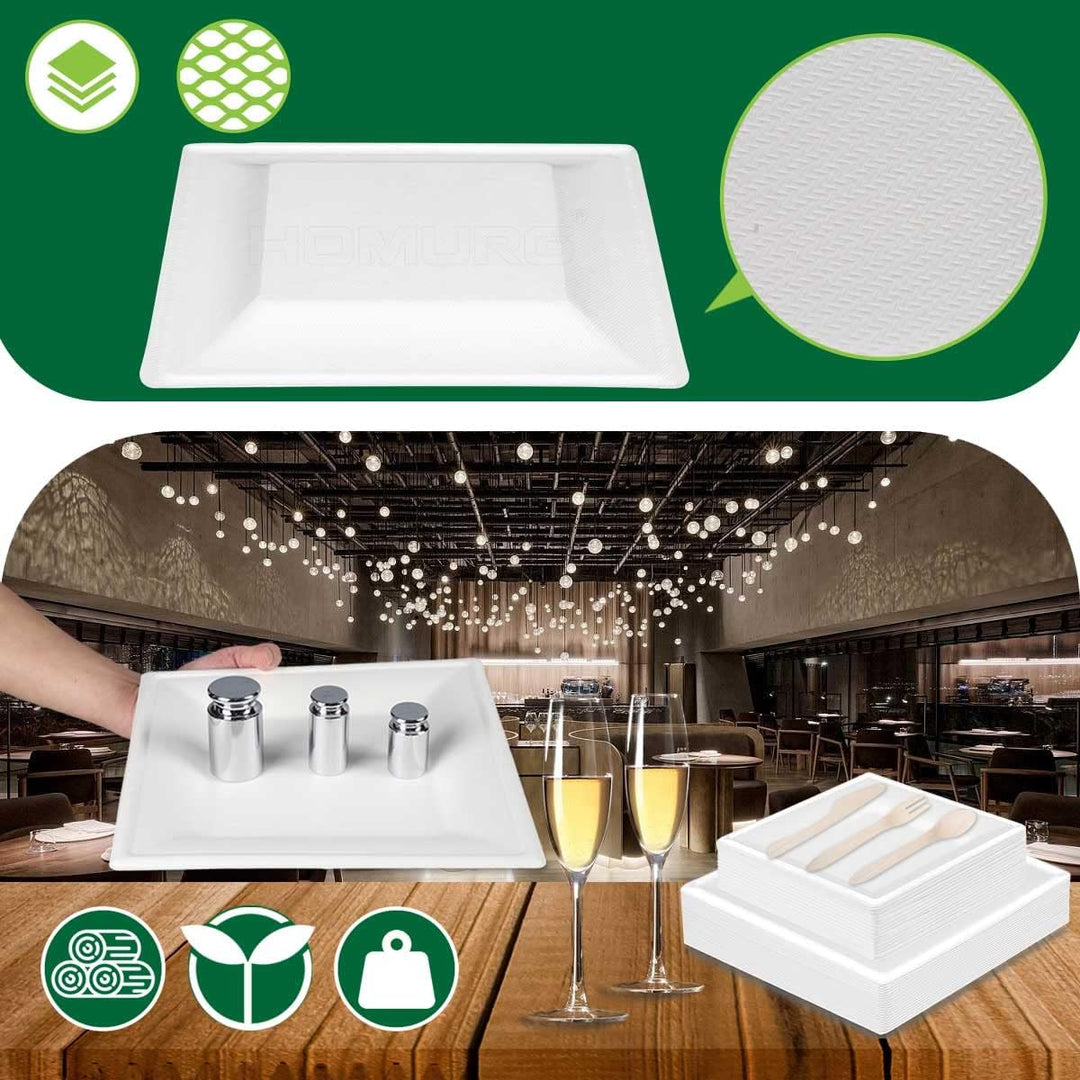 HOMURG Pappteller Eckig und Holz Besteck 30 Set, Robust Partygeschirr mit Einwegteller und Einwegbes