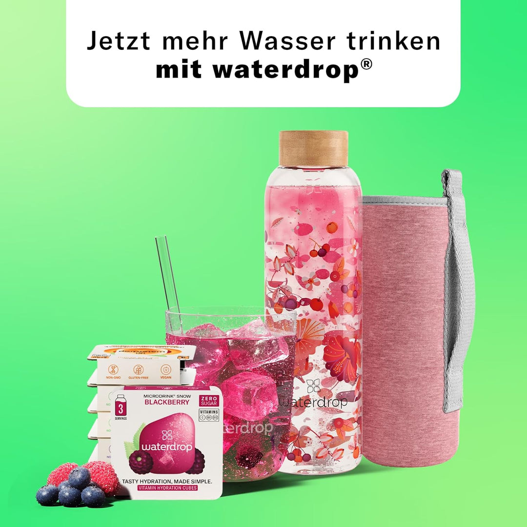 waterdrop® Flasche aus Glas 600ml inkl. 18 zuckerfreie Drops - Geschenk für Frauen - Probierpaket mi