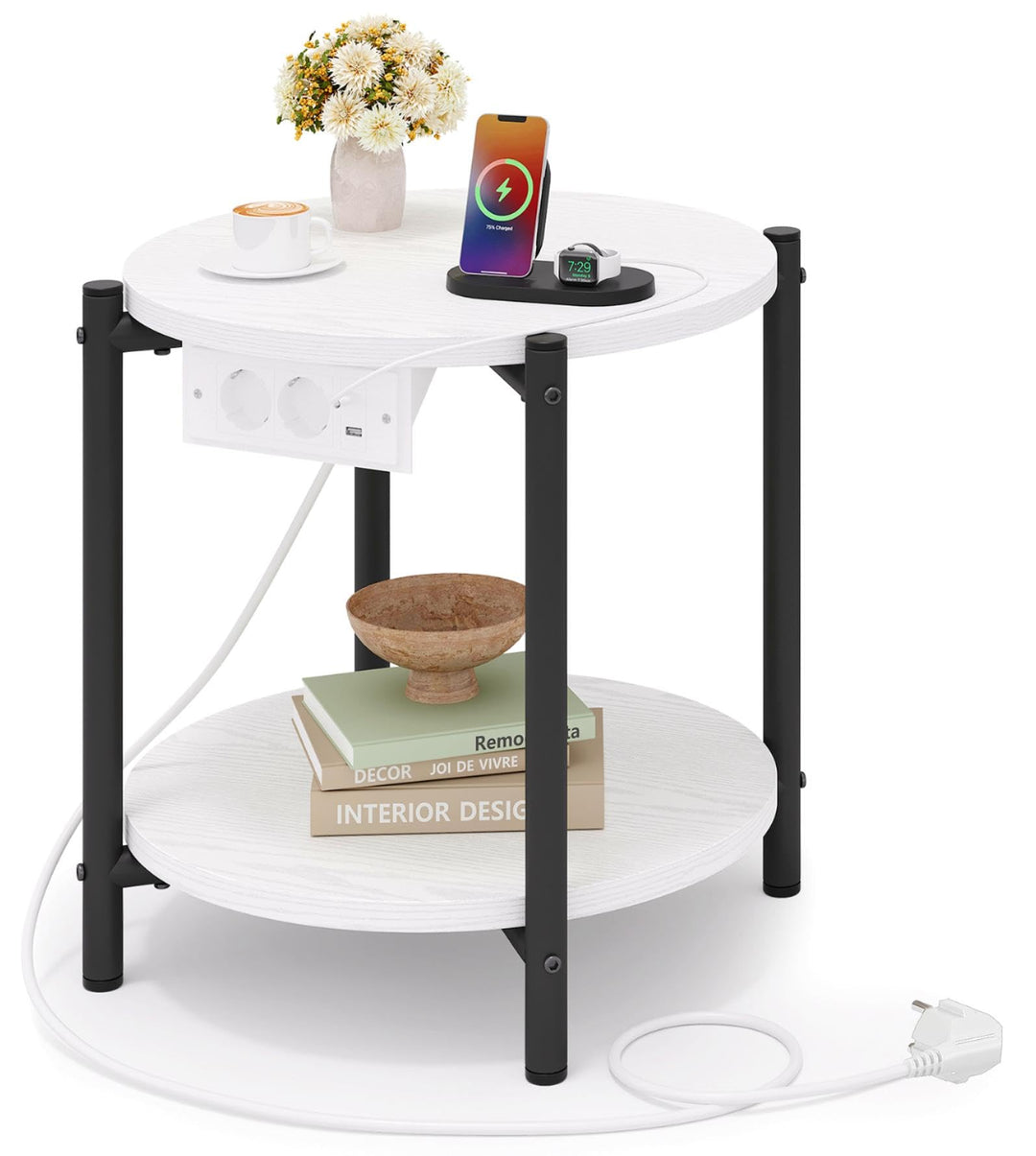 IRONCK Beistelltisch rund, Couchtisch mit Steckdose, Kleiner Tisch Holz, Wohnzimmertisch 2 Ablagen,S
