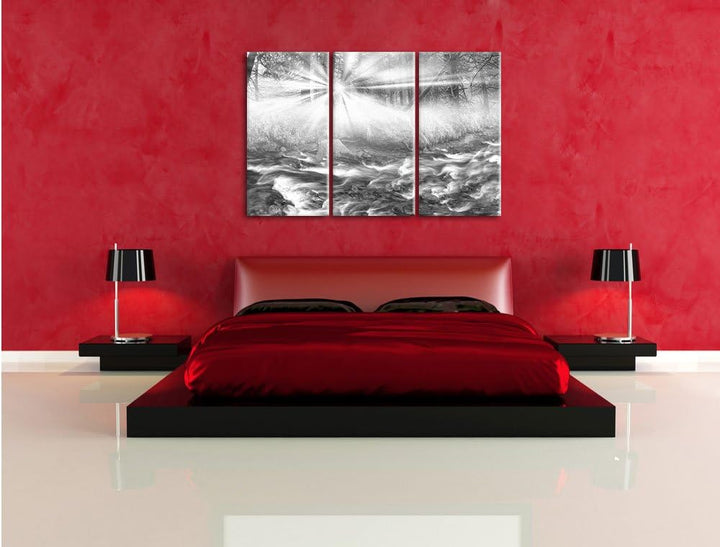 Pixxprint Nebeldickicht im Wald / 3-Teilig/Gesamtmass 120cm Leinwandbild bespannt auf Holzrahmen/Wan