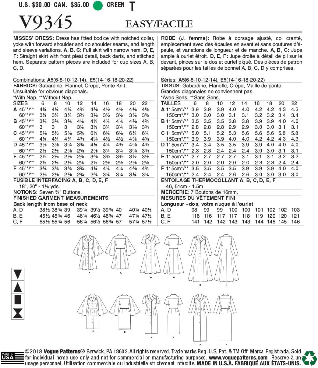 Vogue V9345E5 Easy Damen Schnittmuster Kragen Kleid Schnittmuster Gr. 42-50